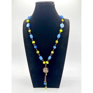 Glass And Metal Tassel Necklace Blue Green Bronze